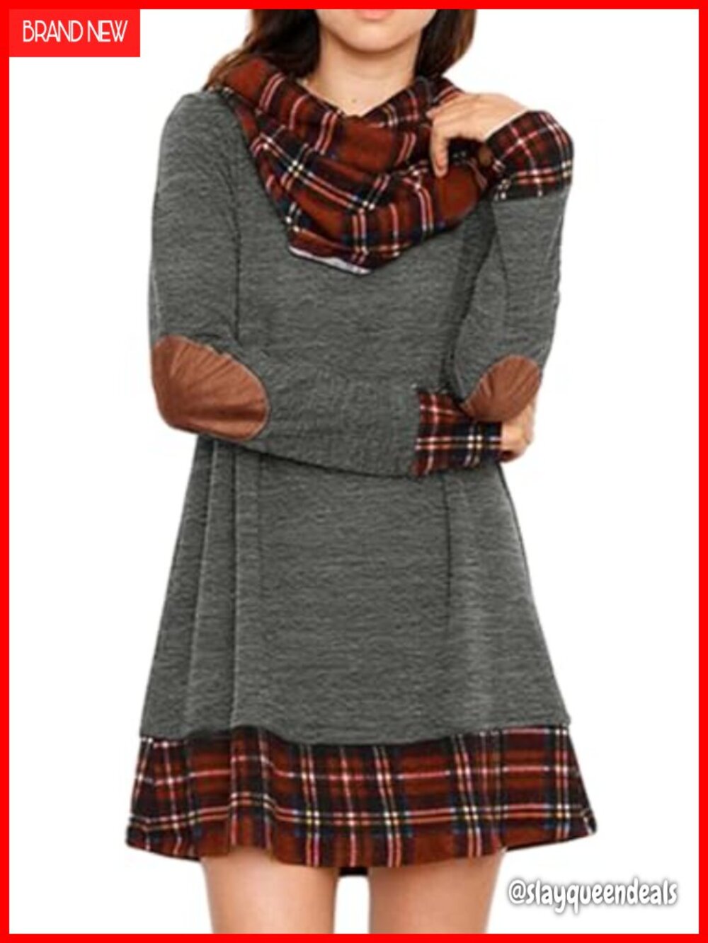 Womens Cowl Neck Plaid Flannel Tunic Sweater Dress Long Sleeve Mini